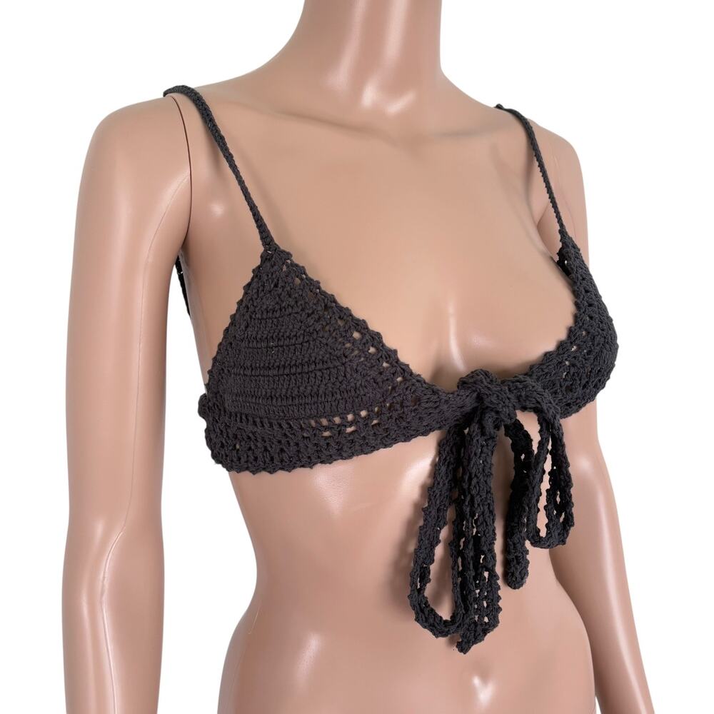 She Made Me Crochet Bikini Top Gray Black Handmade Cotton Tie Front M/L NWT